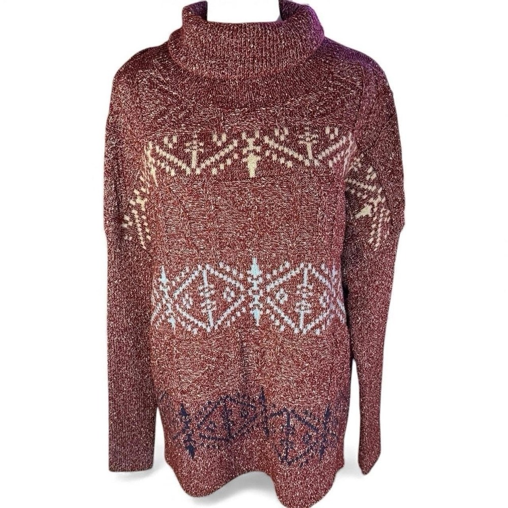Burgundy Fair Isle Cable Knit Turtleneck Sweater Lrg Cozy Hygge